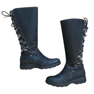 Bionica Tall Winter Boots Women Sz 8 Black Leather Sweater Knit Shaft Accent